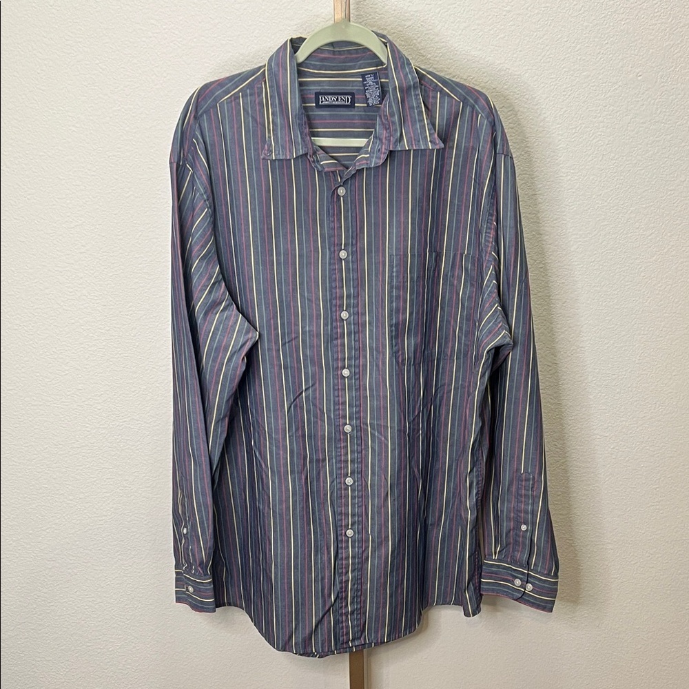 Lands’ End long sleeve button down shirt White Blue Multi-Colored striped XL